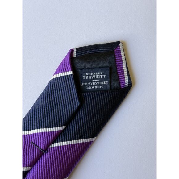 CHARLES‎ TYRWHITT Men's 100% Silk Necktie Designer Blue Purple White Striped EUC - Picture 6 of 8